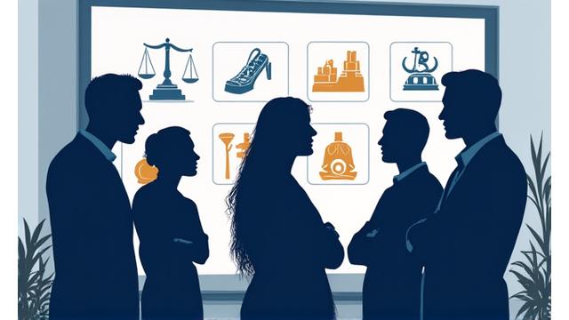 Un groupe de silhouettes de personnes discutant devant un tableau blanc avec des icônes juridiques, symbolisant le droit du travail et les relations sociales.