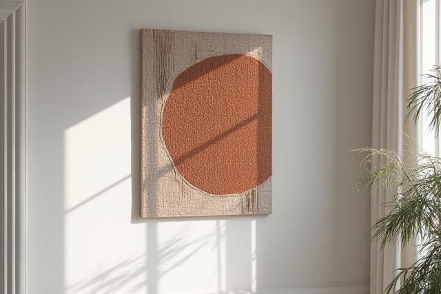 Detailansicht eines abstrakten Textilkunstwerks an einer Wand