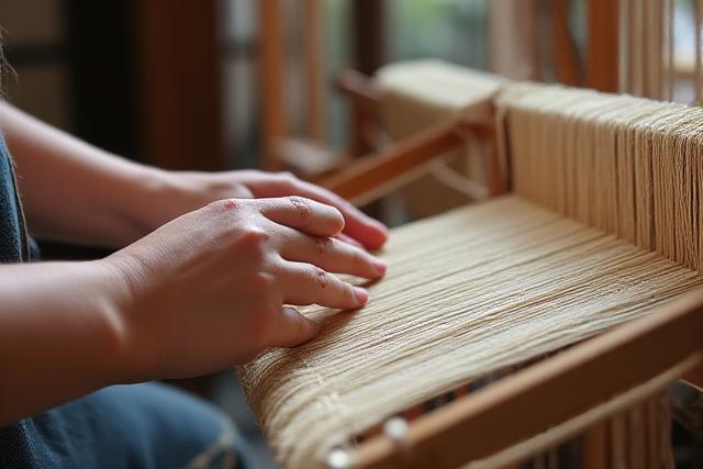 Person, die an einem Webstuhl webt, mit Händen im Fokus