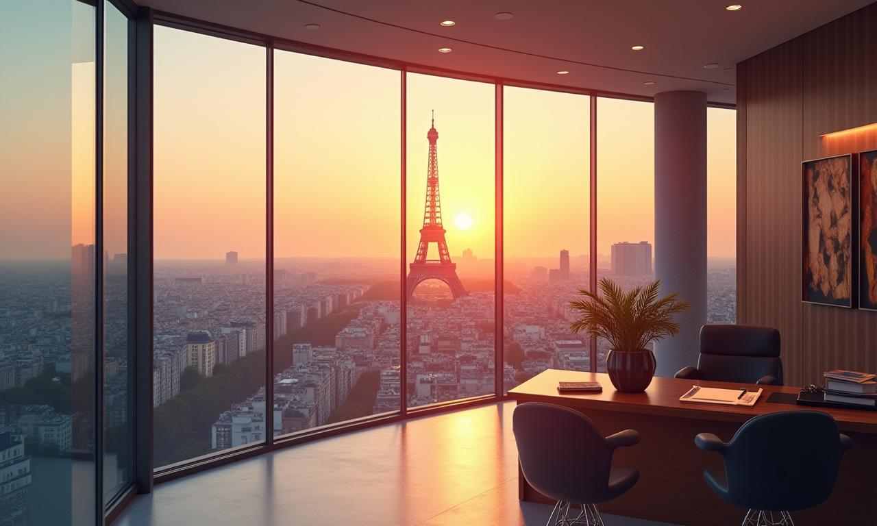 Skyline de Paris au lever du soleil ou intérieur de bureau moderne
