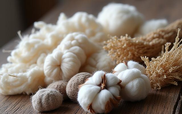 Rohfasern natürlicher Wolle und Leinen auf einem rustikalen Holztisch