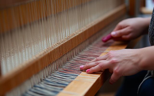 Detailansicht eines traditionellen Webstuhls in Aktion, mit Händen, die Fäden führen